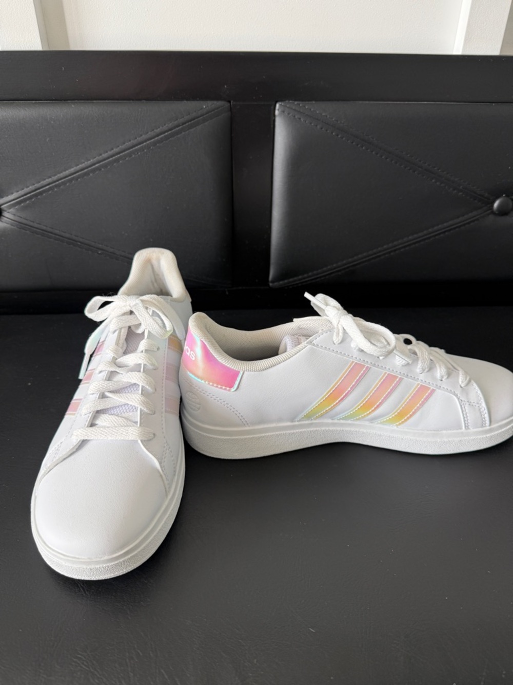 adidas White Sneakers with Iridescent Pink and Gold Stripes